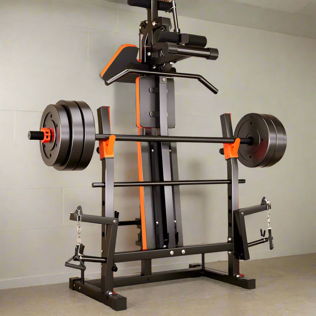 Black and orange weightlifting machine with folding storage feature in a home setting.