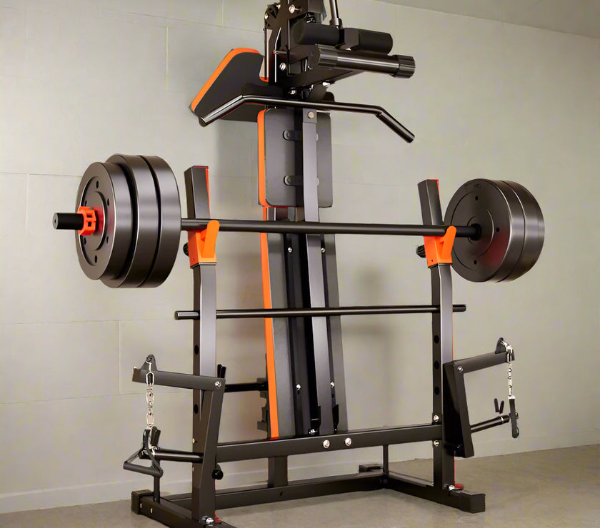 Black and orange weightlifting machine with folding storage feature in a home setting.