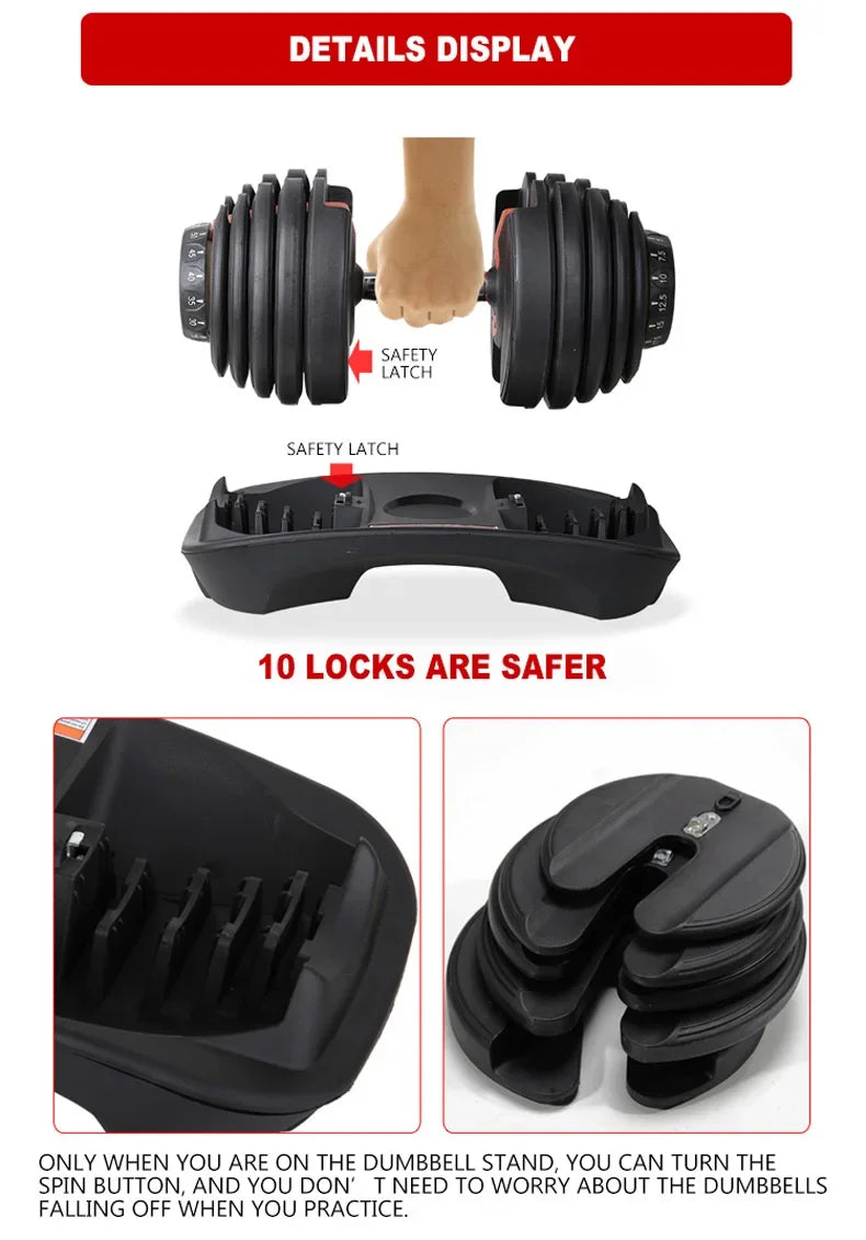 Black adjustable dumbbell set with safety features and lock mechanism on a white background.