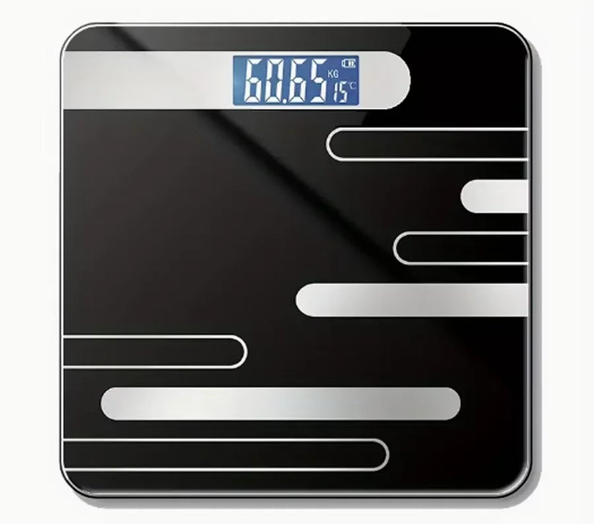 Digital bathroom scale with black surface and silver accents on a white background