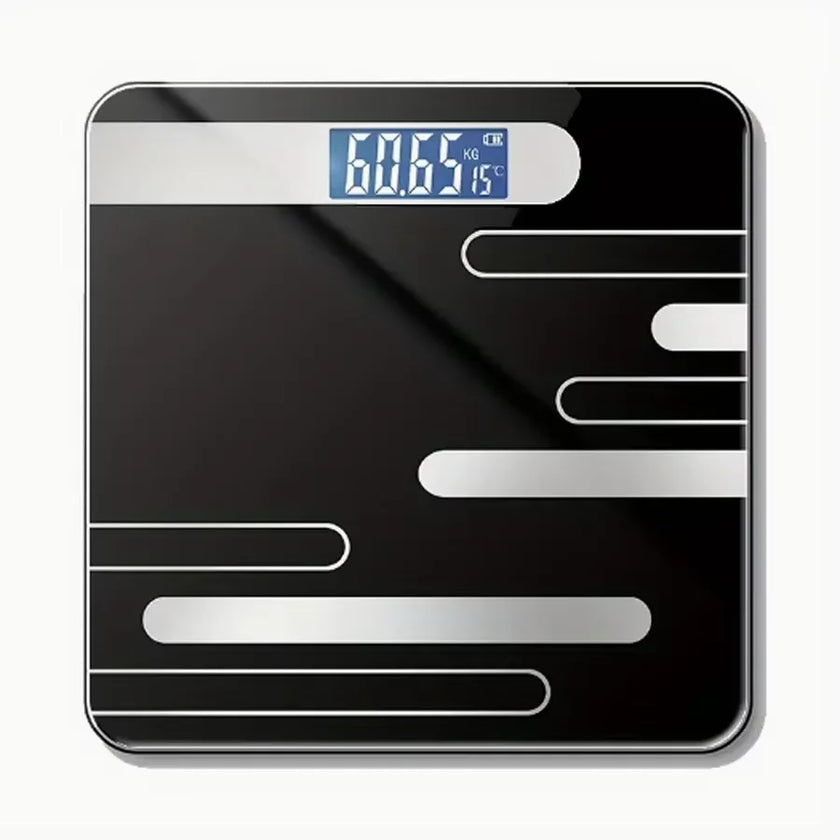 Digital bathroom scale with black surface and silver accents on a white background