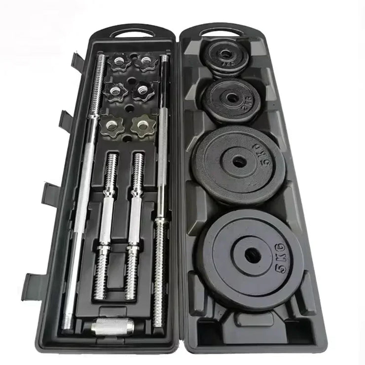 Dumbbell set with weights and bars in a carrying case on a white background