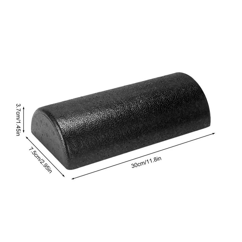 Black foam roller with dimensions on a white background