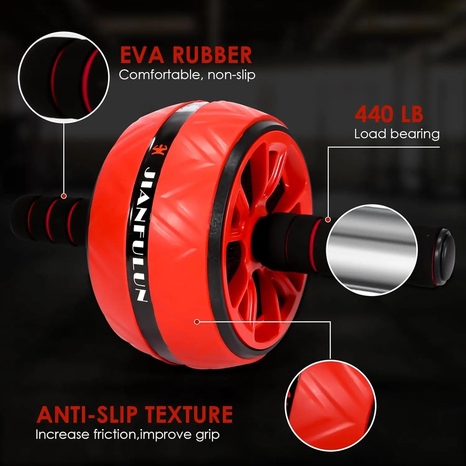 Red ab roller with features highlighted on a dark background