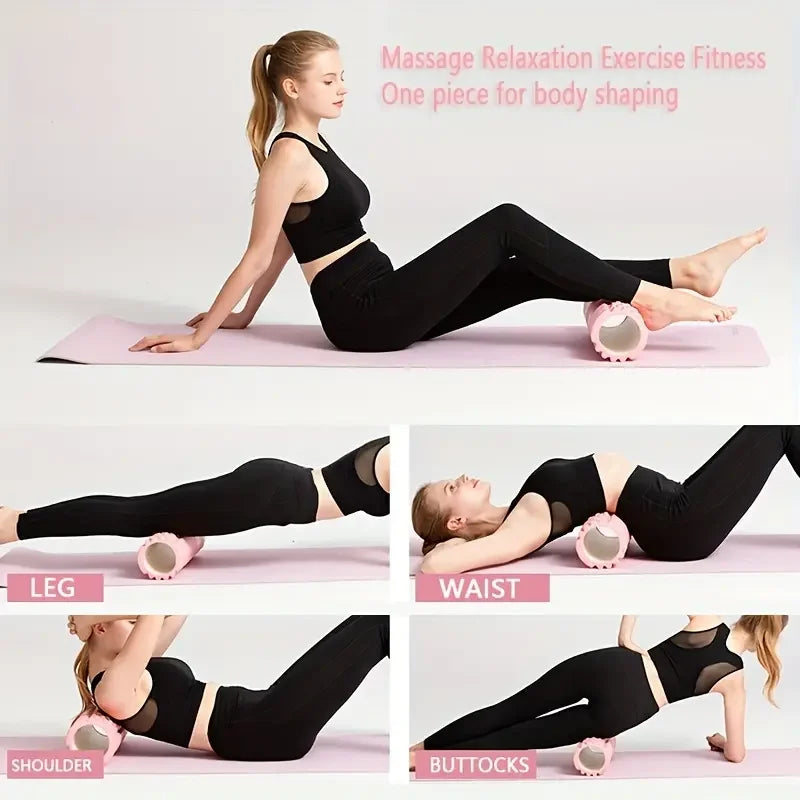 Woman performing massage relaxation exercise on a pink mat with text about body shaping.