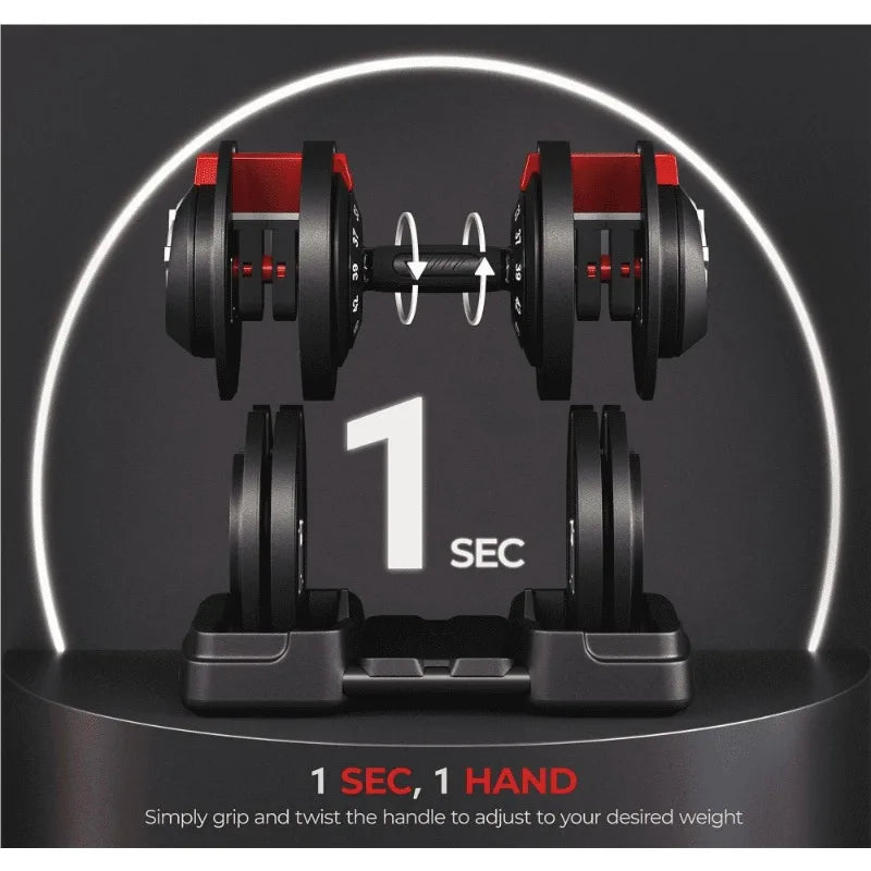 Dual dumbbell set with adjustable weights on a dark background