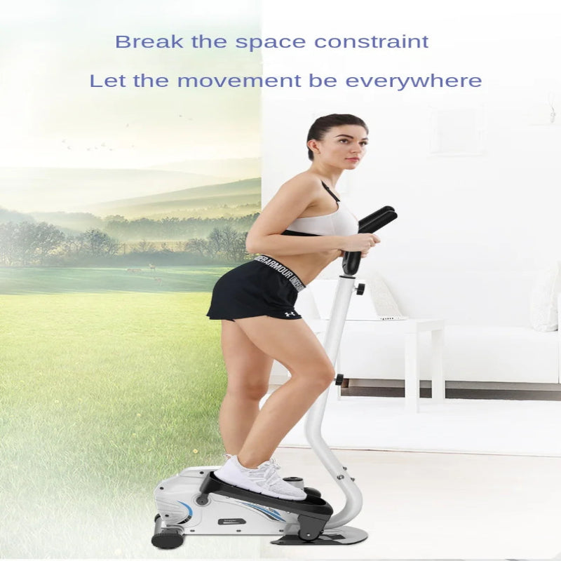 Woman exercising on a compact exercise bike with scenic background