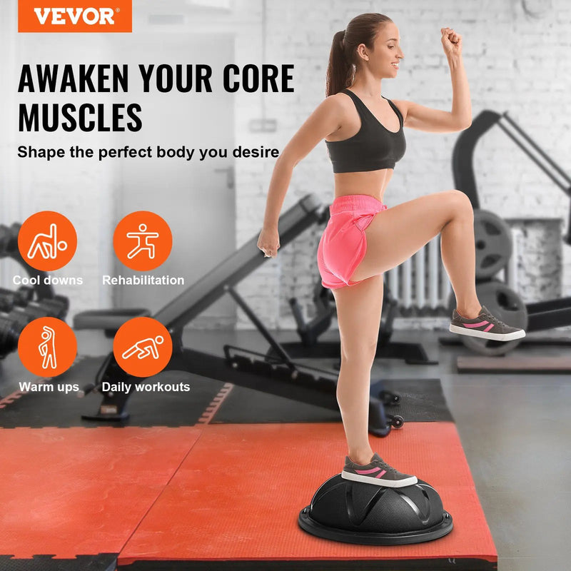 Woman exercising on a core training device with VEVOR branding and text about core muscle workouts.
