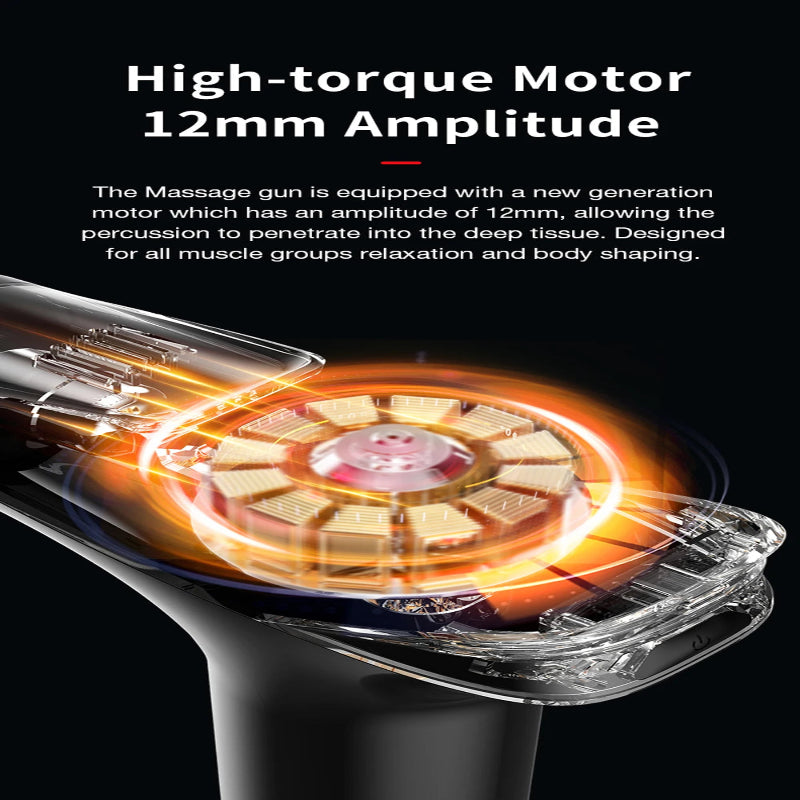 Massage gun with high-torque motor and 12mm amplitude on a black background