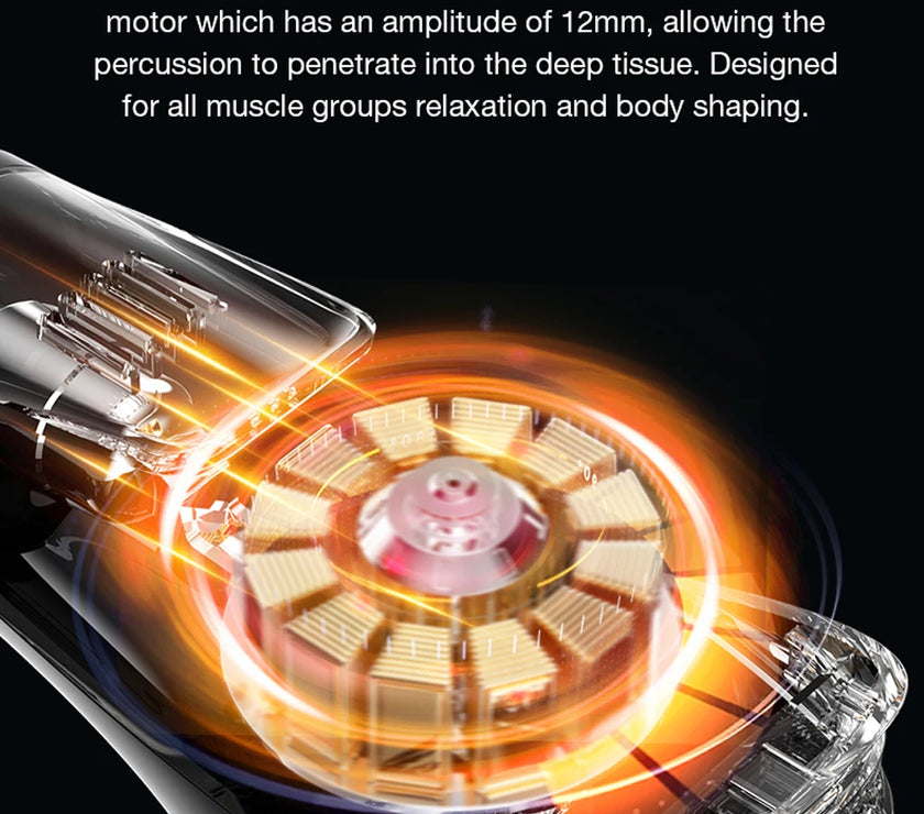 Massage gun with high-torque motor and 12mm amplitude on a black background