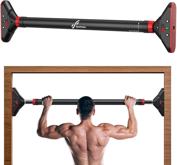 Black and red pull-up bar with Sportwer logo, shown in use by a muscular man.