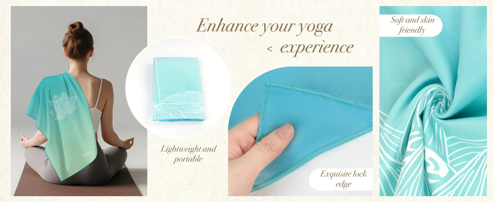 Yoga towel with text highlighting features and benefits