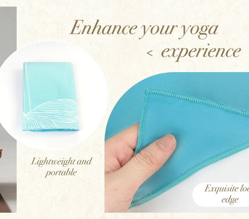 Yoga towel with text highlighting features and benefits