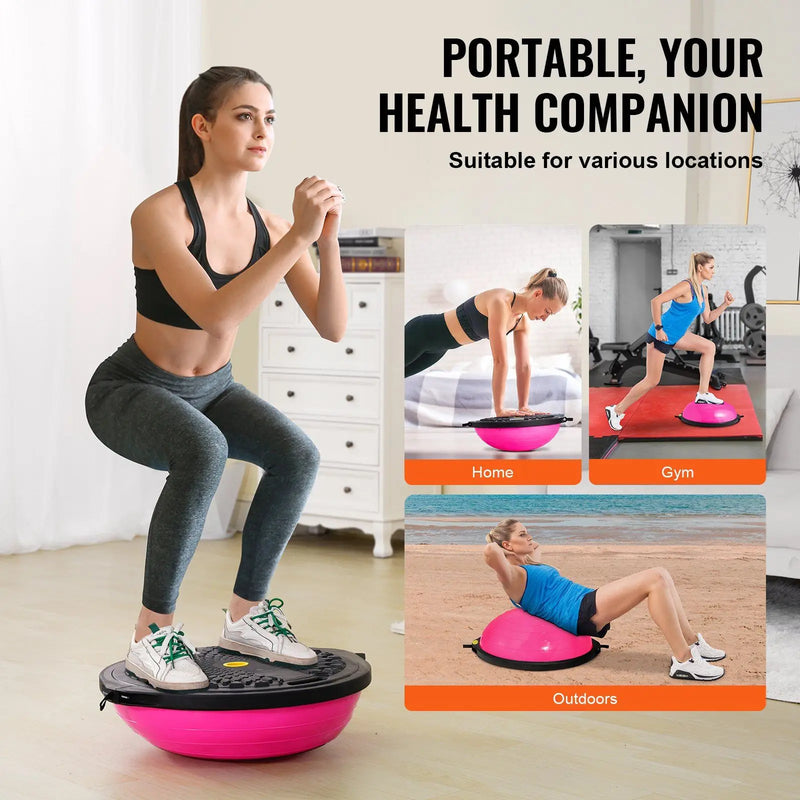 Woman using a balance trainer with text highlighting its portability and suitability for various locations.