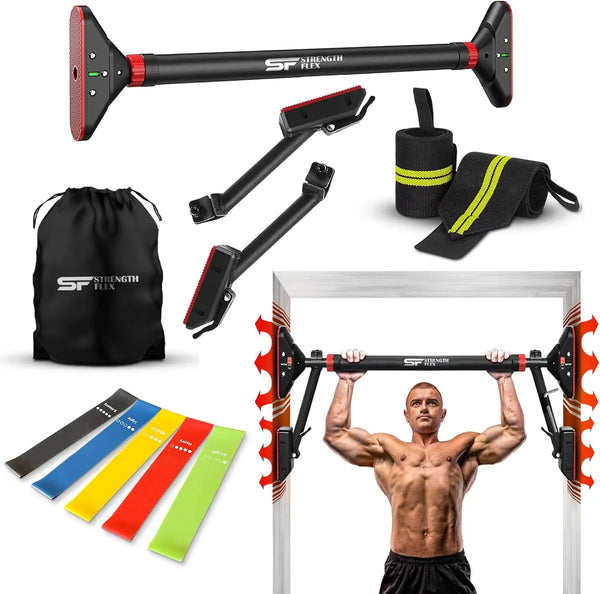 Collection of fitness equipment including pull-up bar, resistance bands, and straps on a white background.