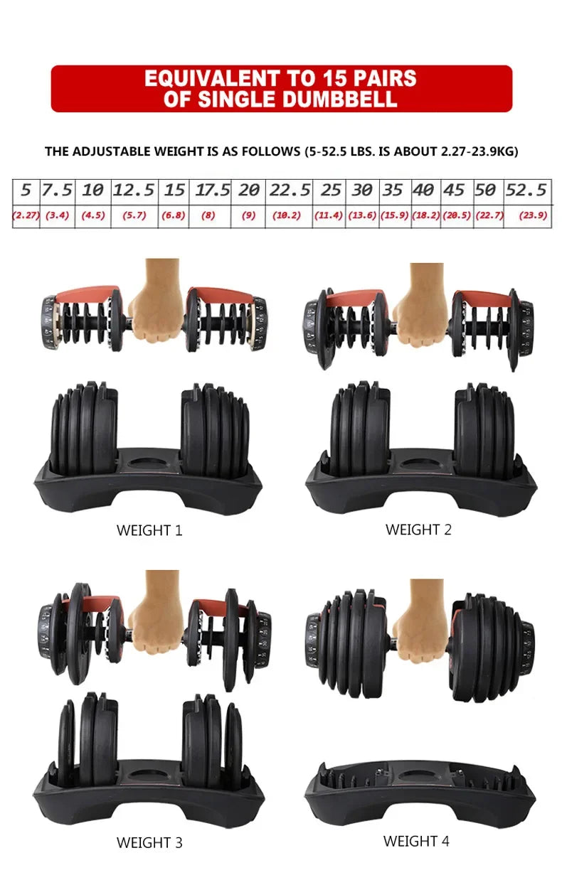 Adjustable dumbbells with weight display and conversion chart.