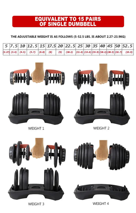 Adjustable dumbbells with weight display and conversion chart.