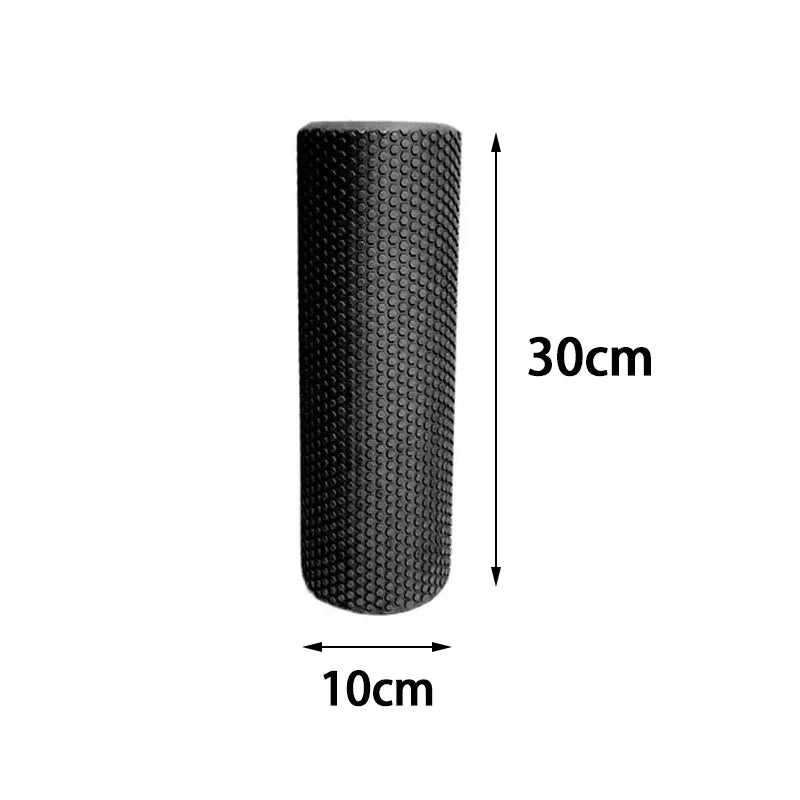 Foam roller with dimensions labeled on a white background