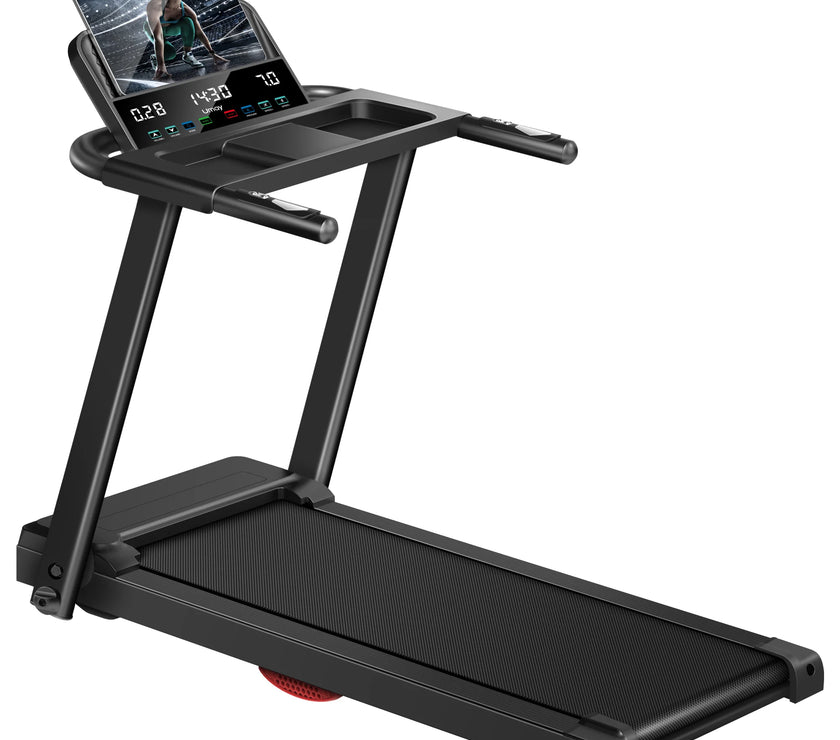 Collage of three images showing a foldable home treadmill with a woman using it. The top image shows the treadmill with a '2MPH Walking' label, the middle image shows a person jogging on the treadmill with a '5MPH Jogging' label, and the bottom image shows the treadmill with a '7.