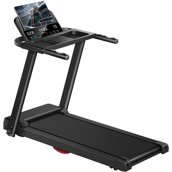 Collage of three images showing a foldable home treadmill with a woman using it. The top image shows the treadmill with a '2MPH Walking' label, the middle image shows a person jogging on the treadmill with a '5MPH Jogging' label, and the bottom image shows the treadmill with a '7.
