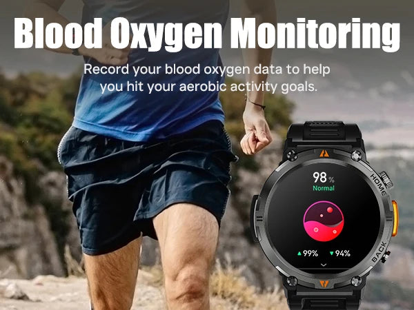 Person running outdoors with a smartwatch displaying blood oxygen monitoring data.