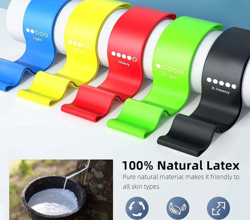 Set of colorful latex bands with different weights on a white background, featuring text about natural latex properties.