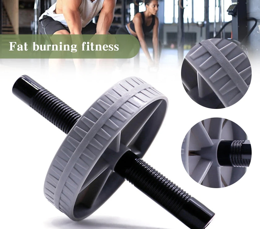 Gray and black ab roller with close-up details on a white background, with text 'Fat burning fitness' at the top.