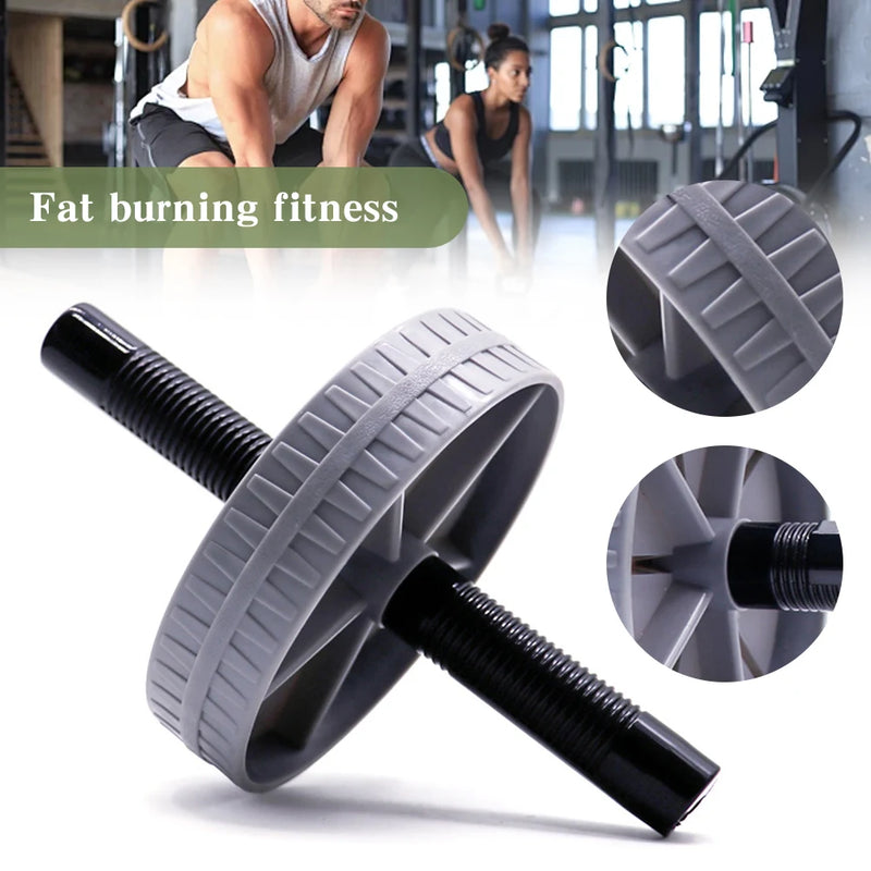 Gray and black ab roller with close-up details on a white background, with text 'Fat burning fitness' at the top.