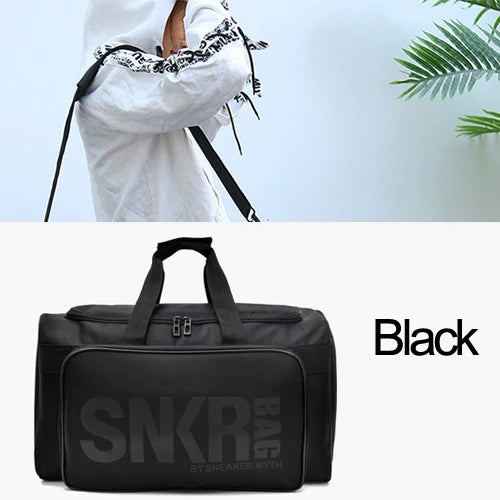 A black multifunctional adjustable gym bag with the text 'SNKR BAG' on the side, being worn by a person against a tropical backdrop, and an inset image showing the interior compartments filled with sneakers and clothing.