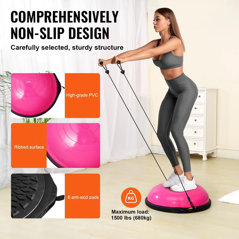 Woman using a pink balance trainer with features highlighted on a white background