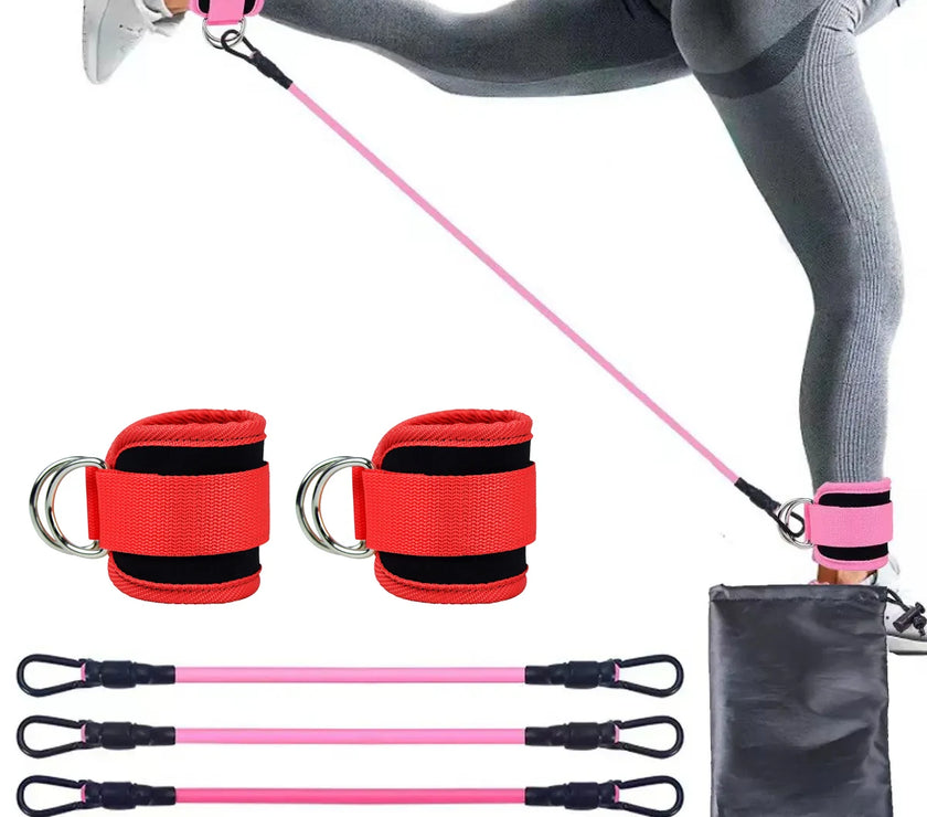 An image showing a person using an ankle cuff with a resistance band, which is pink in color. The set includes additional bands and a black carrying case.