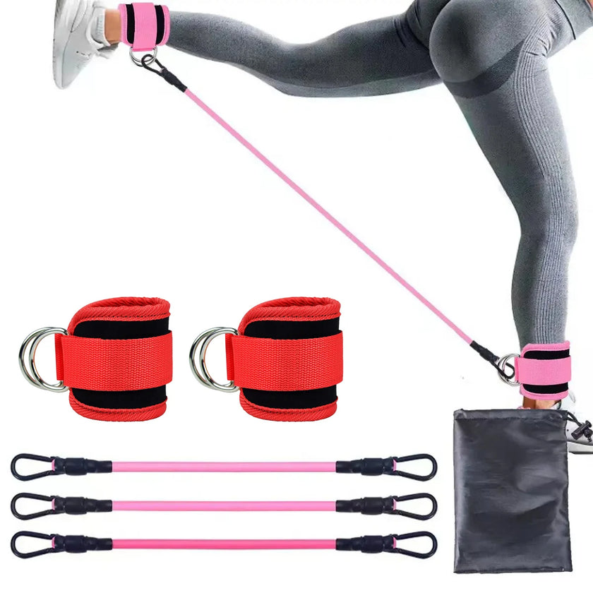 An image showing a person using an ankle cuff with a resistance band, which is pink in color. The set includes additional bands and a black carrying case.