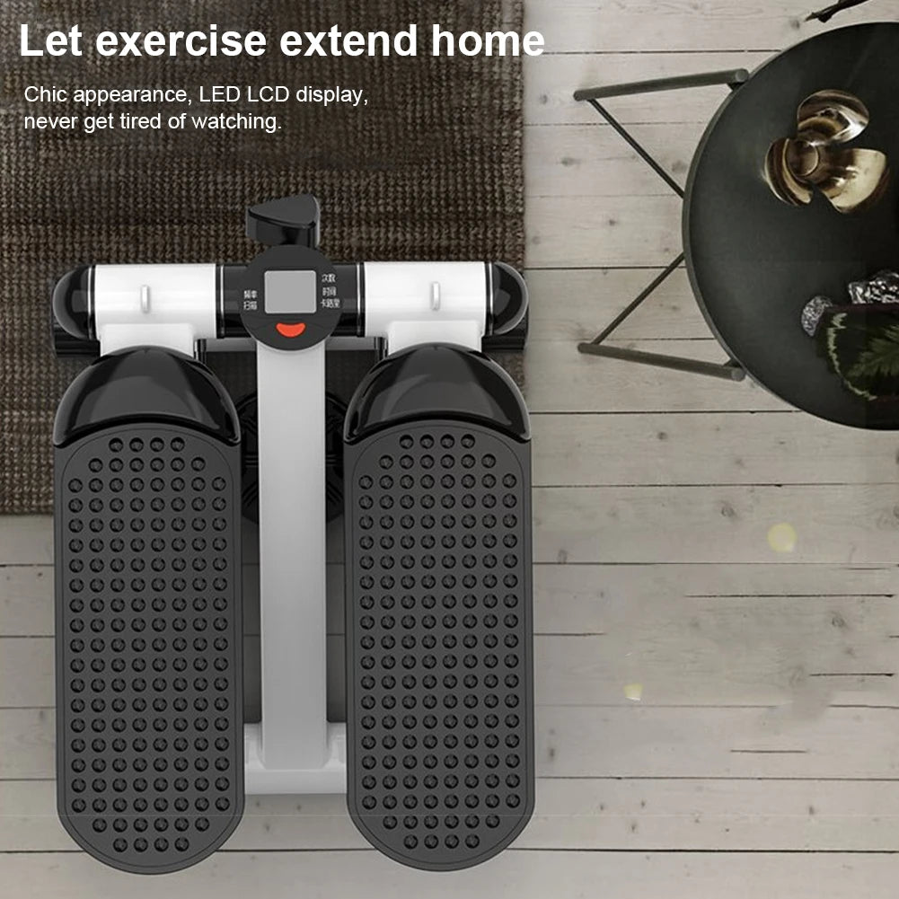 Step machine on a wooden floor with text about its features.