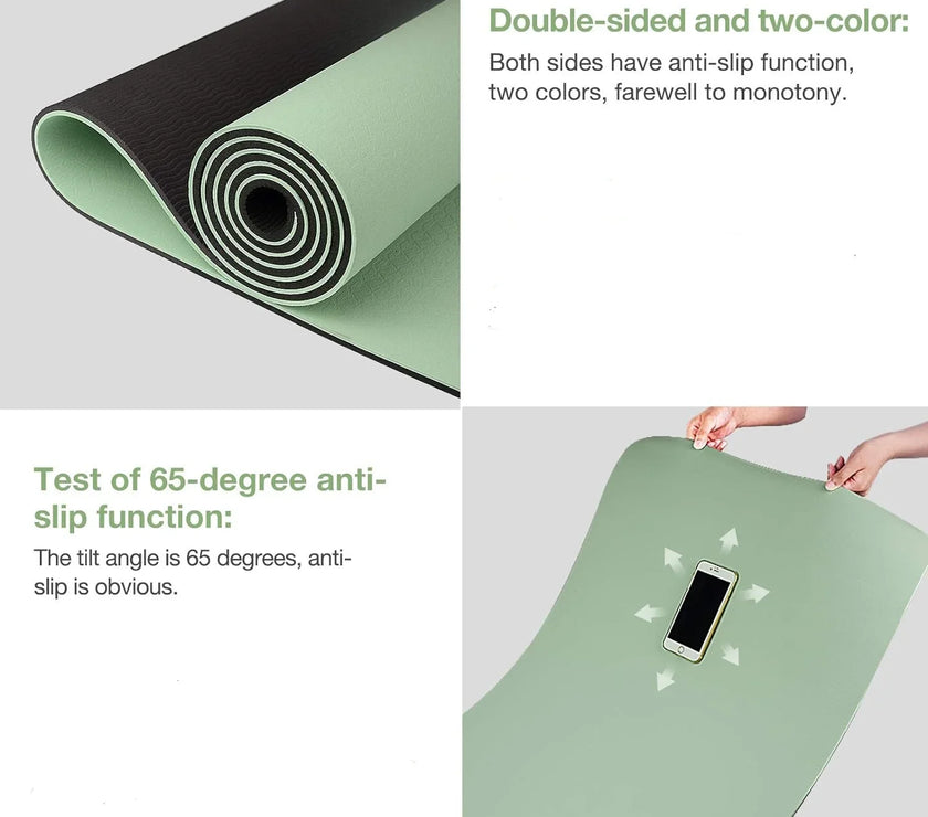 Green and black anti-slip mat with text on its properties