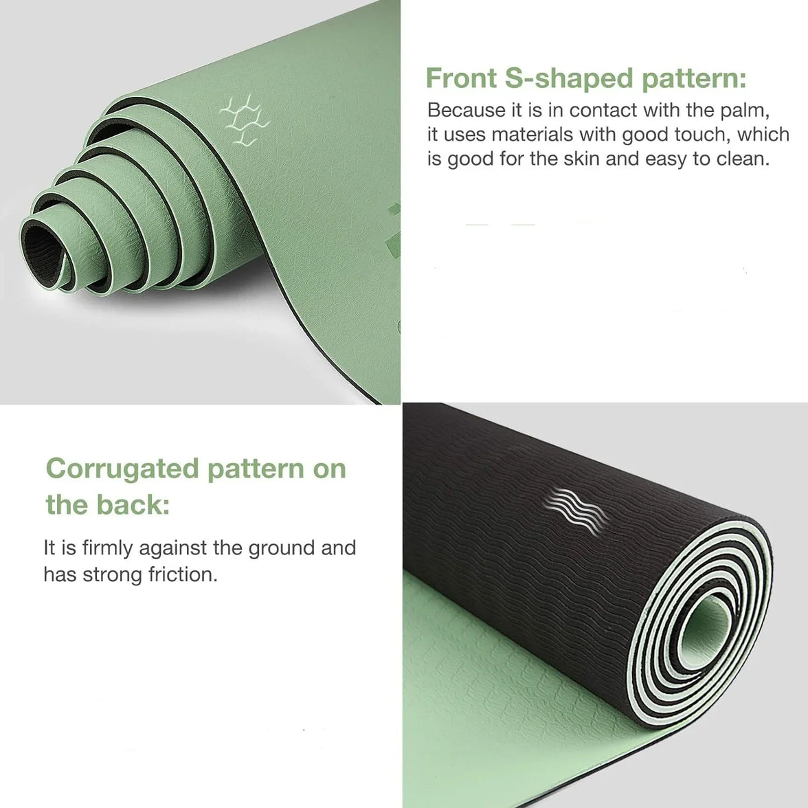 Two rolled-up yoga mats, one green and one black, with text describing their patterns.
