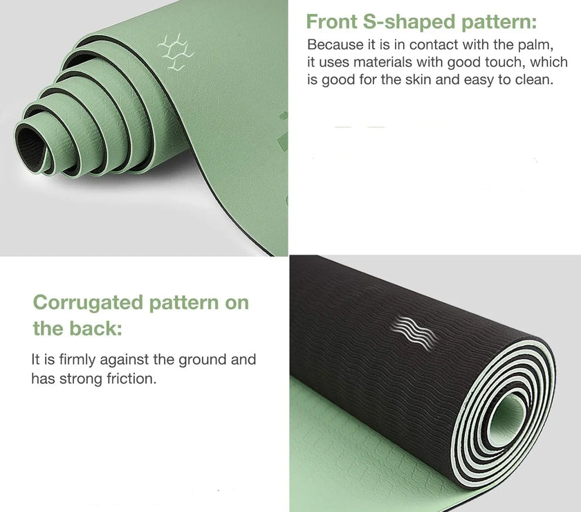 Two rolled-up yoga mats, one green and one black, with text describing their patterns.