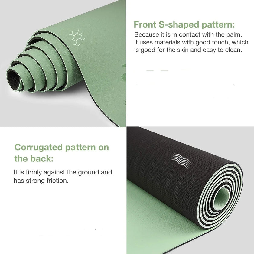 Two rolled-up yoga mats, one green and one black, with text describing their patterns.