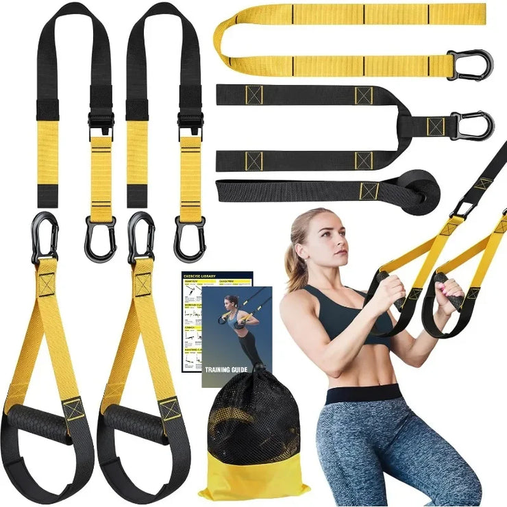 Set of yellow and black suspension training straps with a woman exercising, a training guide, and a mesh bag on a white background.