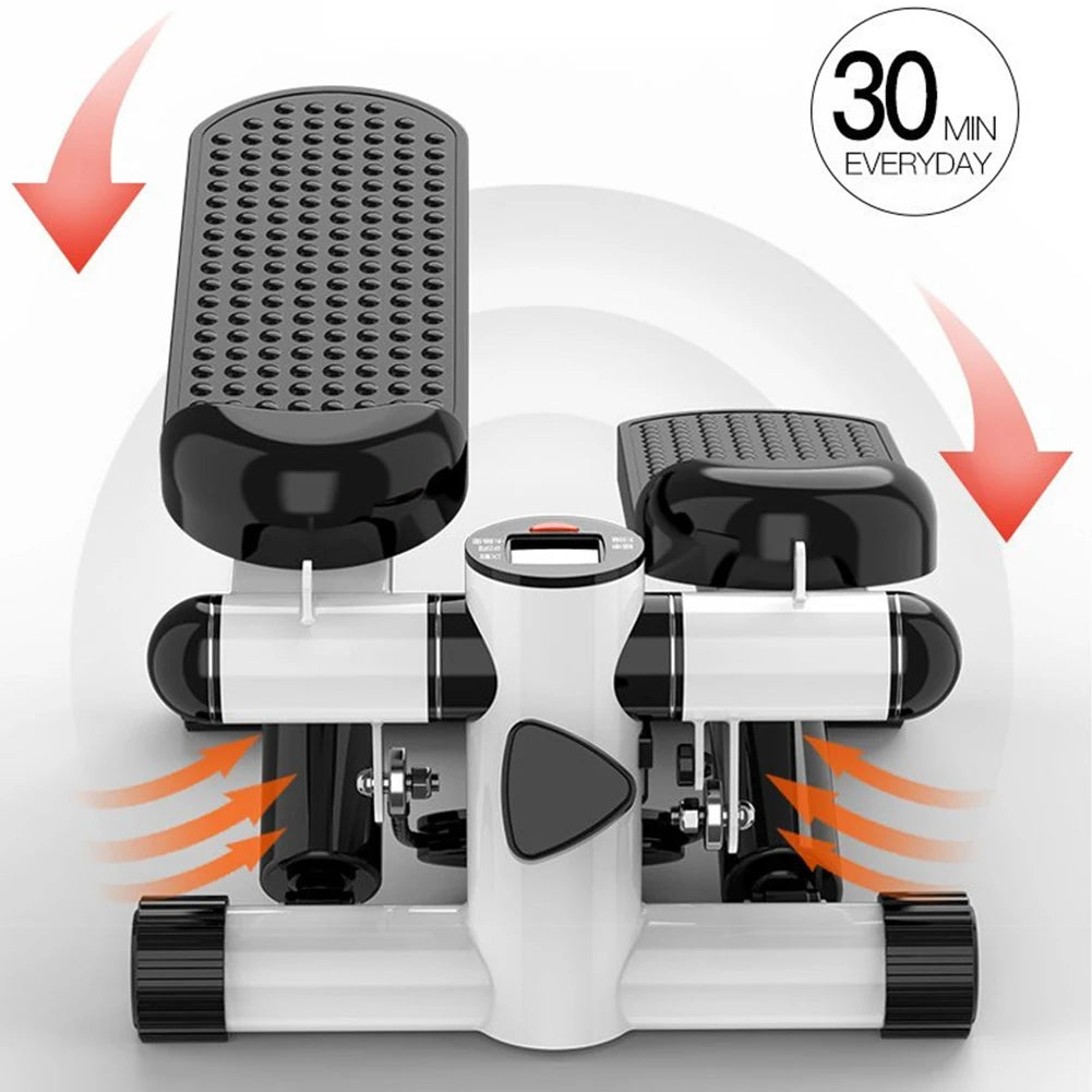 Step machine with black and white design on a light gray background