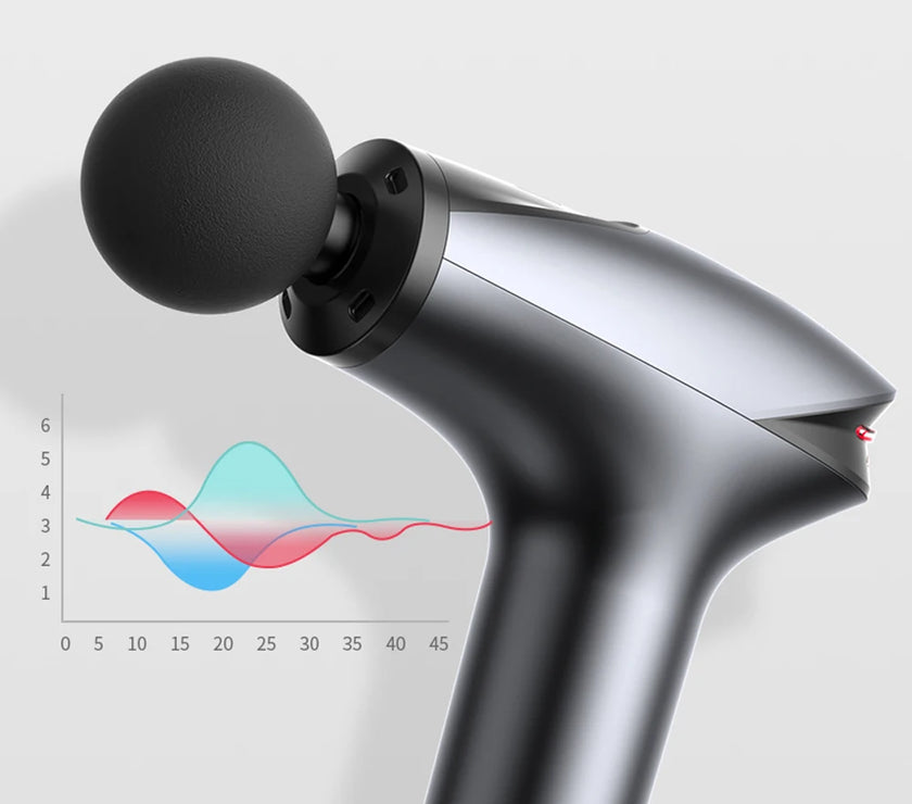 Massage gun with text about silent operation and noise levels on a light blue background