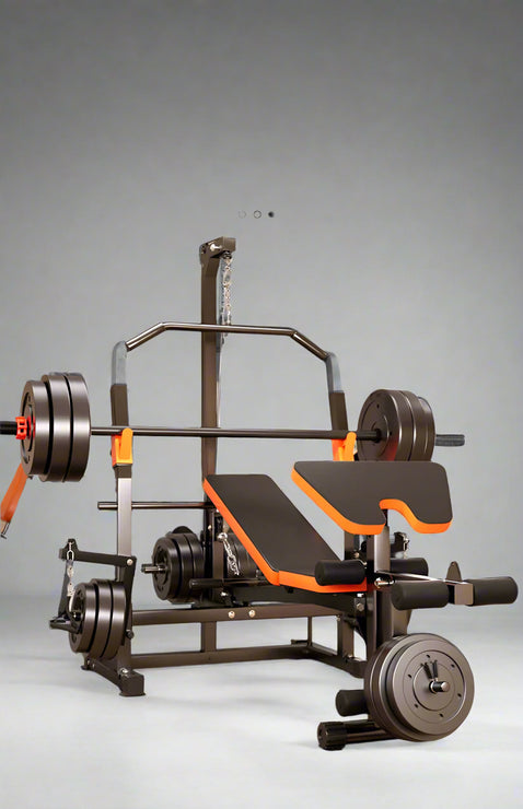 Gym bench with weights in a gym setting