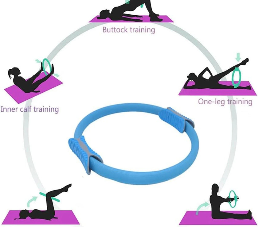 Yoga ring with various exercise positions illustrated on a white background