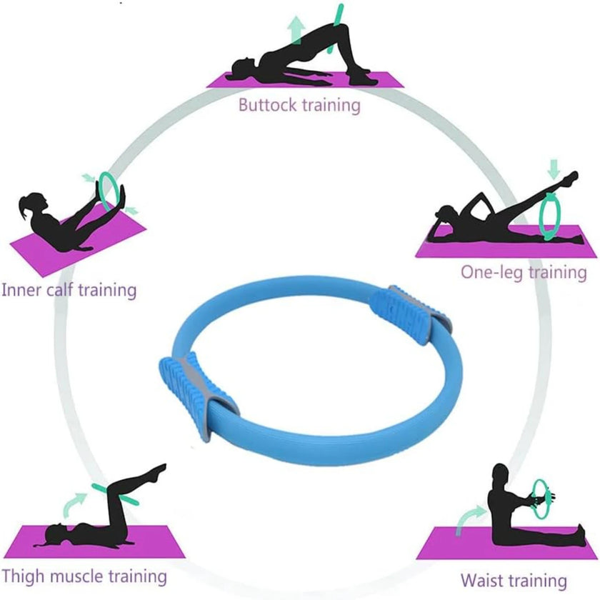 Yoga ring with various exercise positions illustrated on a white background