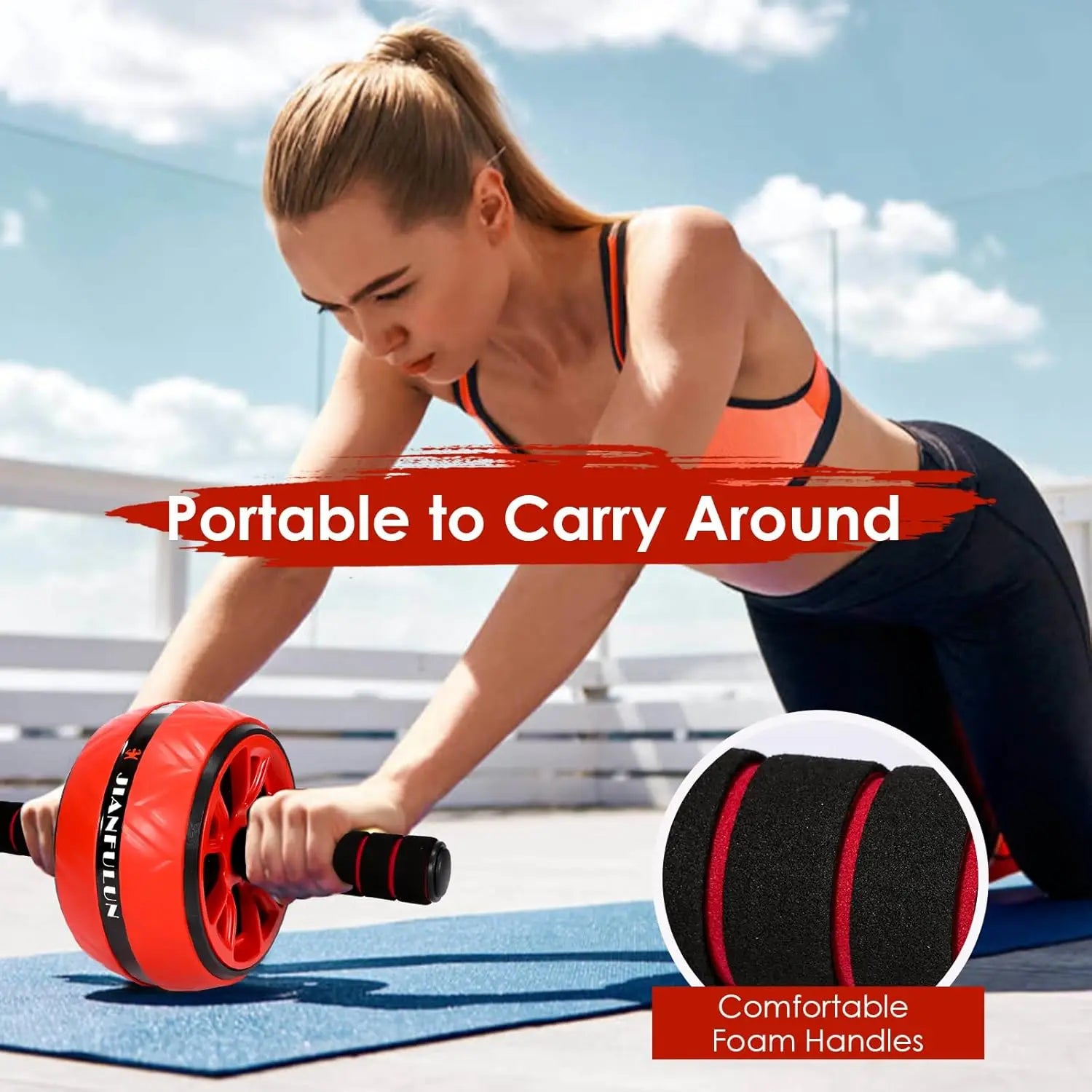 Woman exercising with an ab roller on a blue mat outdoors, with text highlighting portability and foam handles.