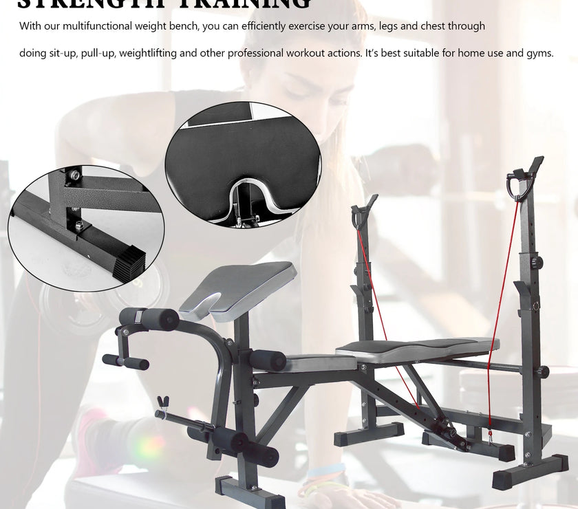 Adjustable weight bench for strength training with multiple positions for different exercises, including a barbell rack. The bench is black with blue accents and designed for both home and gym use.