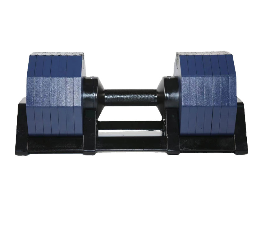 Pair of dumbbells with blue weights on a white background