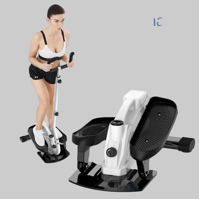 Woman using a multi-function elliptical machine with text 'Fitness Shaping' and 'OVOZI' branding.