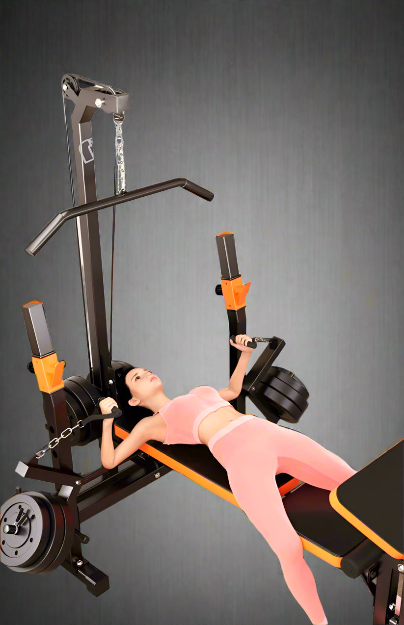 Brand: SANSHIKJ
Model: SSKJ-SU055
Category: Strength Training Equipment
Application: Home & Gym
Color: Black + Orange
Gender: Unisex
Origin: Mainland China
Safety: 100% Free from high-concern chemicals

Key Features

Multifunctional 3-in-1 Design – Combines a weight lifting bed, chest expansion system, and high pull rod, giving you a full-body training station in one compact setup.

Adjustable Backrest & Preacher Pad – 5 backrest angle adjustments + 4 preacher panel adjustments let you target multiple muscl