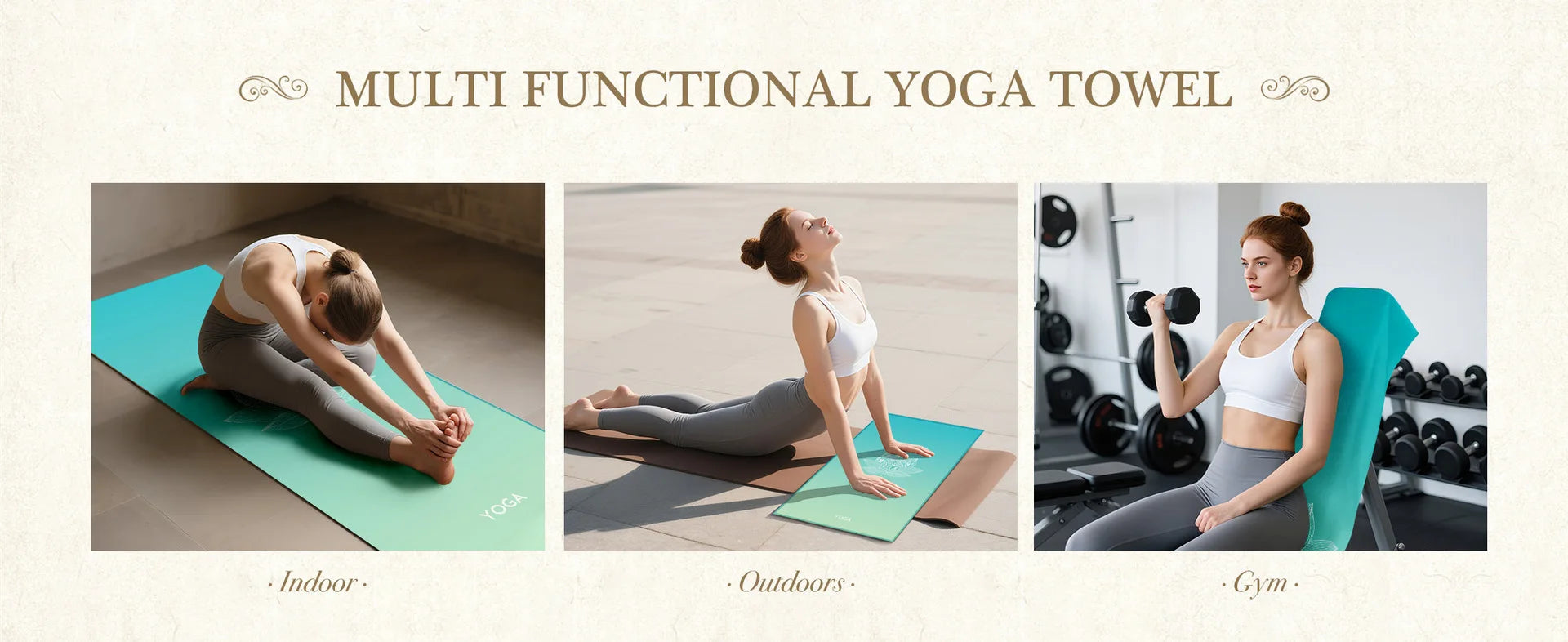 Multifunctional yoga towel being used by people indoors, outdoors, and in a gym.