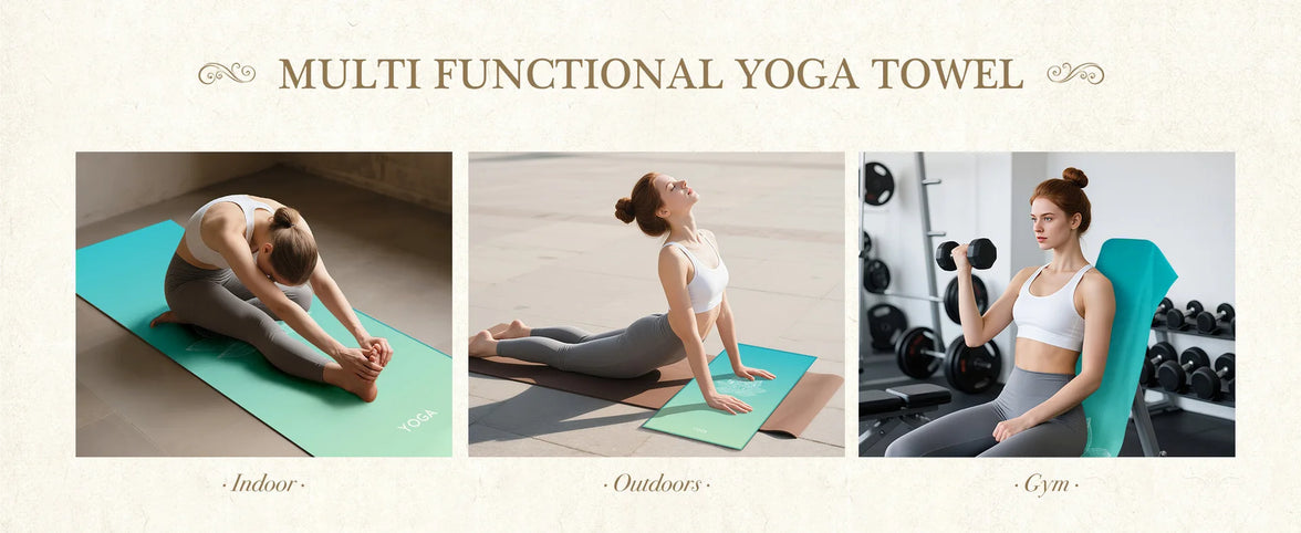 Multifunctional yoga towel being used by people indoors, outdoors, and in a gym.